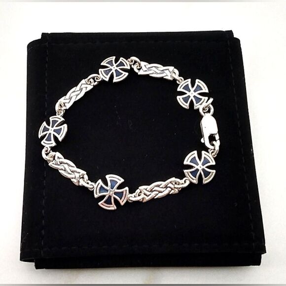 Sterling Silver 925 Maltese Cross  Blue Enamel Bracelet Vintage - Picture 14 of 14
